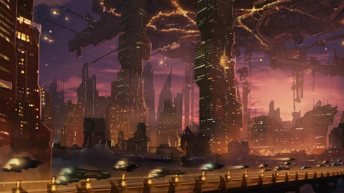 Futuristic Sky-City at Dusk with Flying Vehicles