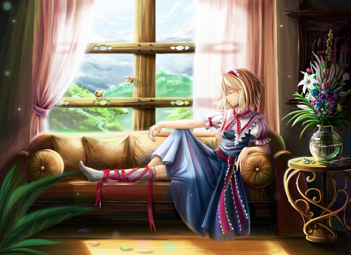 Alice Margatroid from Touhou sitting on a couch