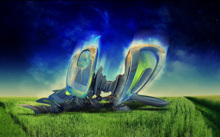 Abstract metallic sculpture in a grassy field