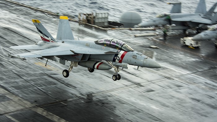 F/A-18 Hornet landing on an aircraft carrier