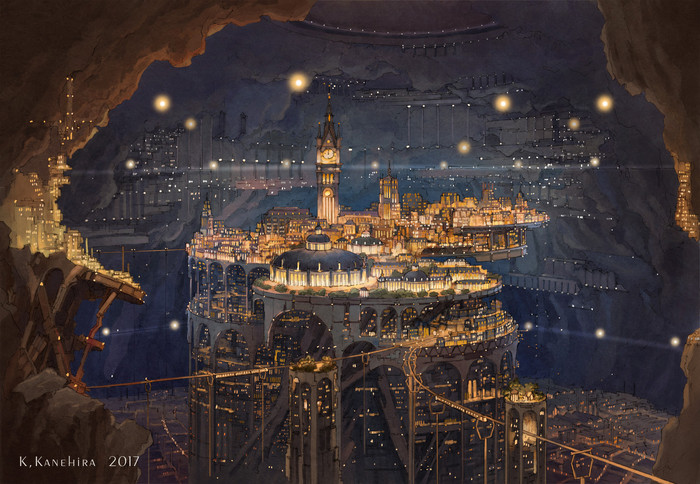 Underground city with clock tower in a cave