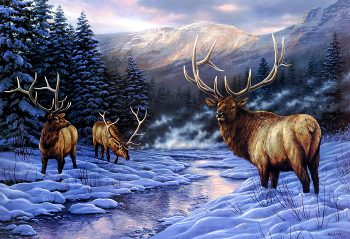 Elk in a Snowy Forest Painting