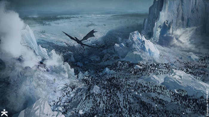 Dragon flying over army in Game of Thrones