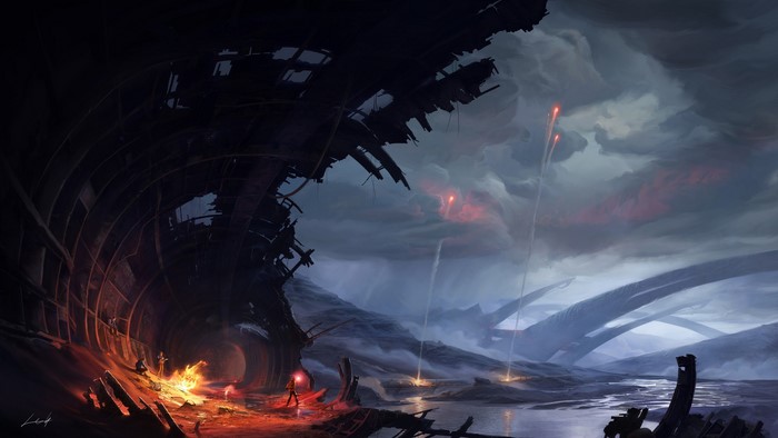 Post-apocalyptic landscape with wreckage and fires