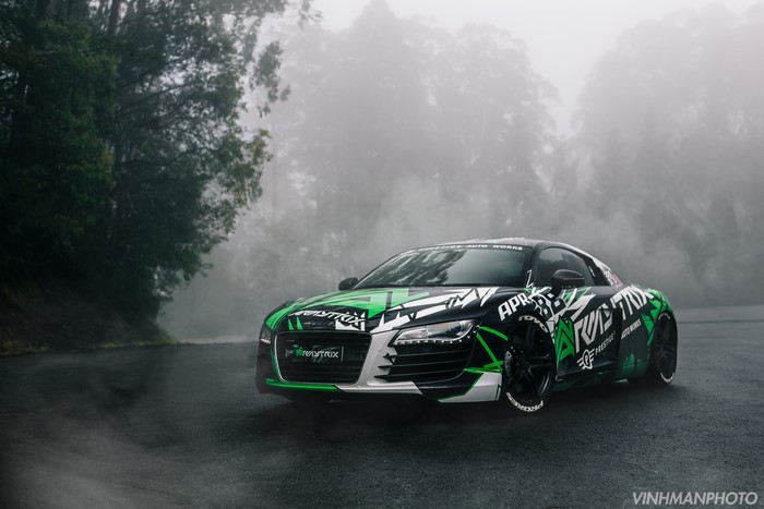 Audi R8 with custom livery on a foggy road