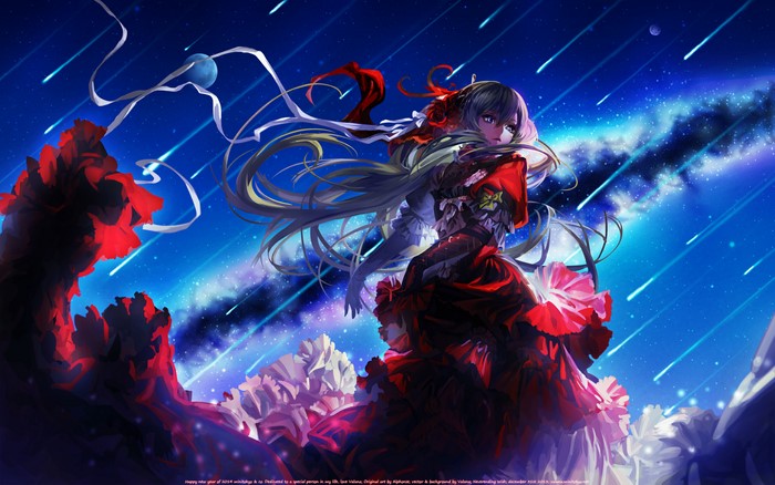 Girl in Red Dress Under Starry Sky