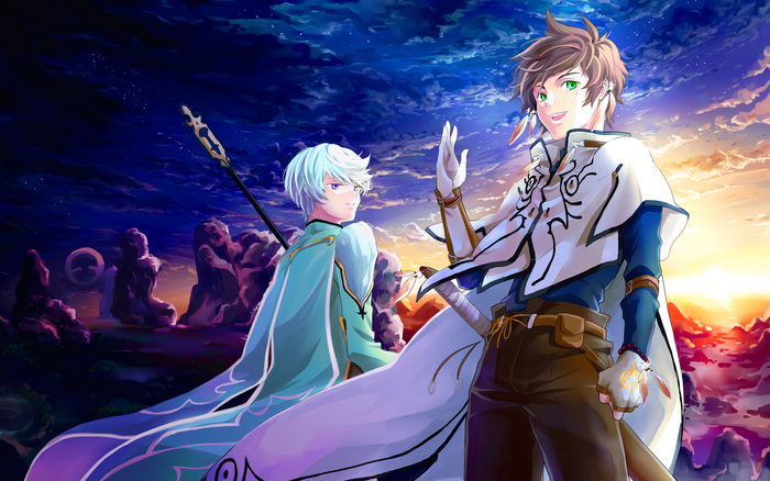 Mikleo and Sorey from Zestiria in a fantasy landscape