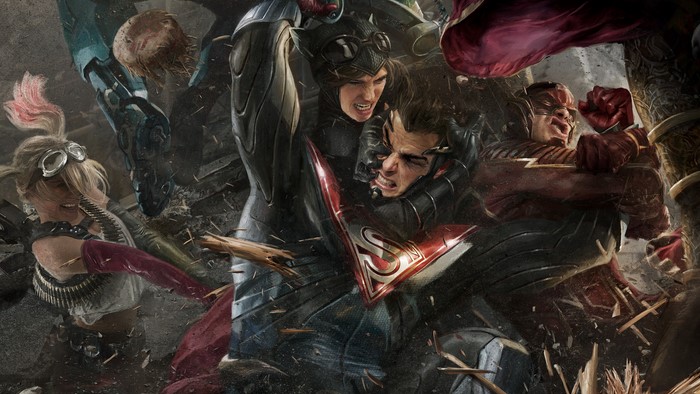Catwoman, Flash, and Superman fighting