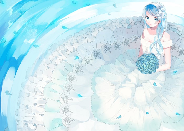 Girl in White Dress Holding Blue Roses