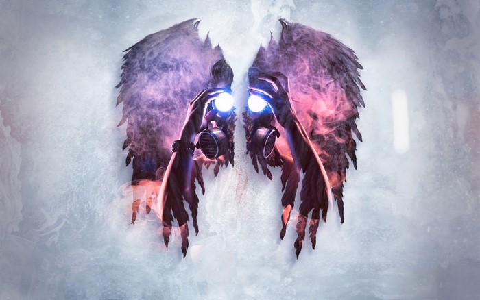 Person with gas mask and wings