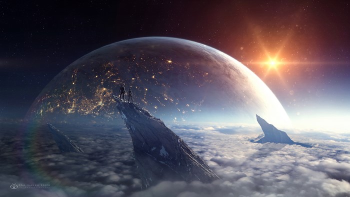 People on a rock above clouds with a planet and sun