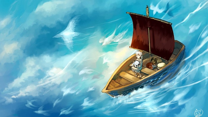 Girl with dog on a boat with birds