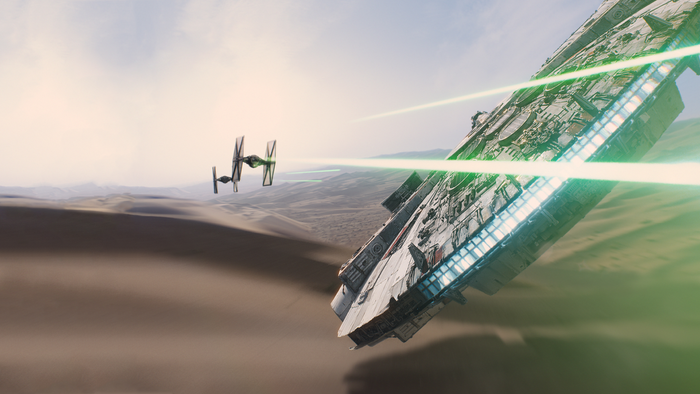 Millennium Falcon and TIE Fighter in desert