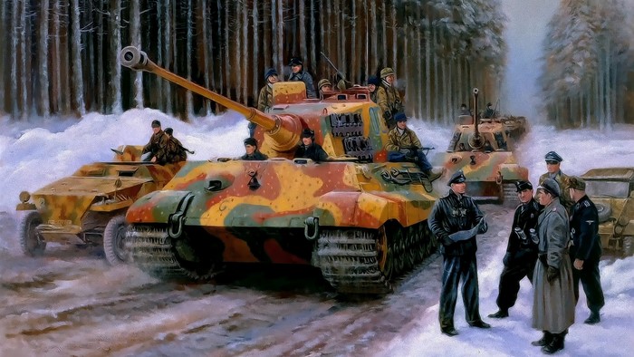 German tanks and soldiers in a snowy forest