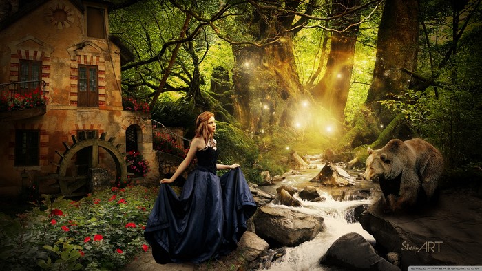 Woman and bear by a mill in a magical forest