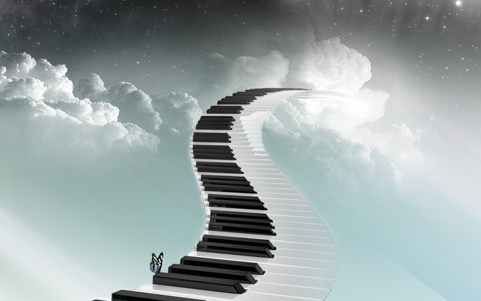 Piano keyboard stairs in clouds and starry sky