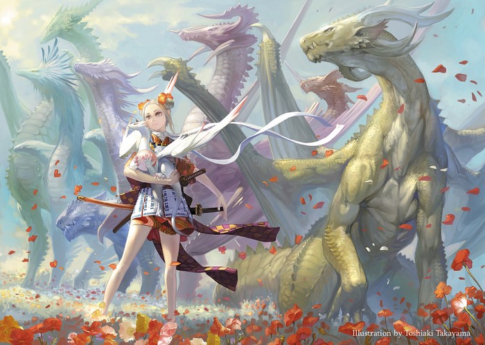 Girl with Dragons and Flowers