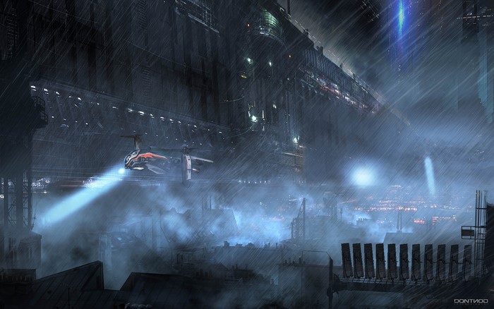 Sci-fi city with spaceship in rain