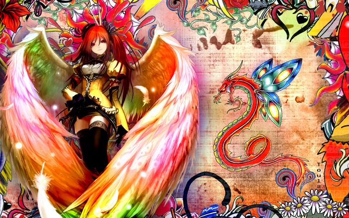 Anime girl with wings and dragon