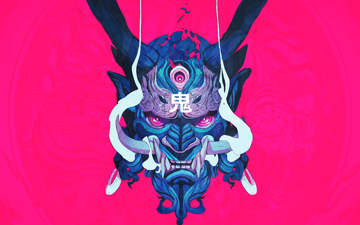 Vibrant Blue Oni Mask with Horns and Third Eye