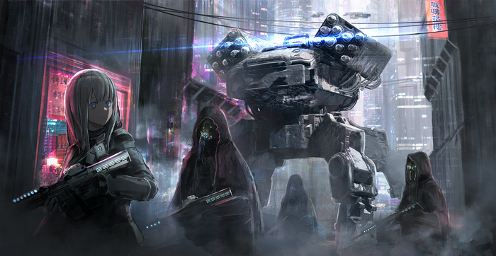 Girl with Gun and Mech in Dystopian City