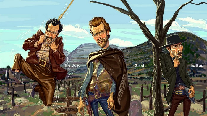 The Good, the Bad and the Ugly characters in a graveyard