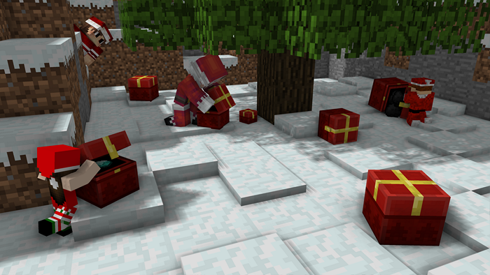 Christmas characters in Minecraft with gifts