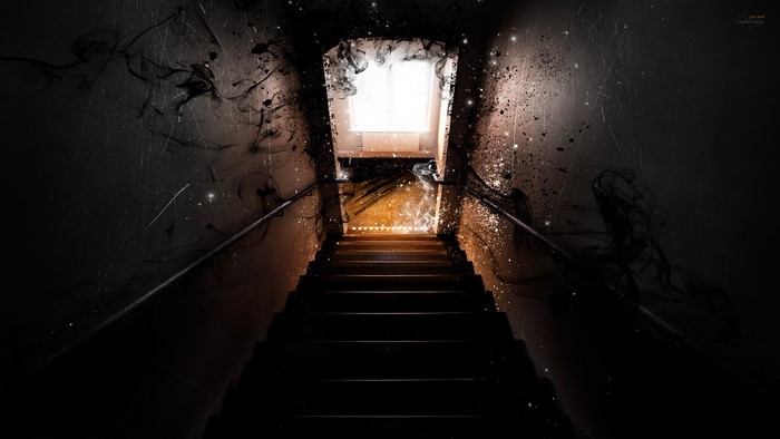 Artistic stairs with dark smoke and light