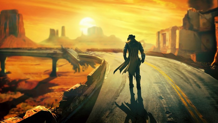 Man in trench coat walks on road in Fallout: New Vegas