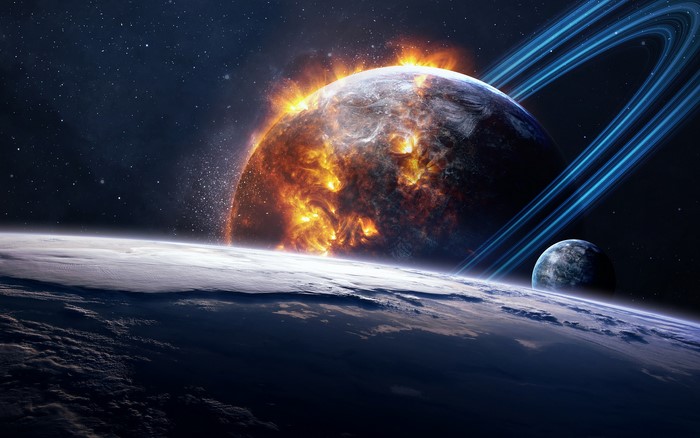 Exploding planet with rings and moon