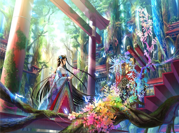 Woman in Traditional Japanese Clothing in a Forest Shrine
