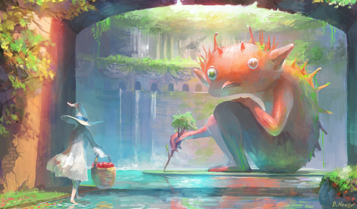 A witch and a creature in a magical garden