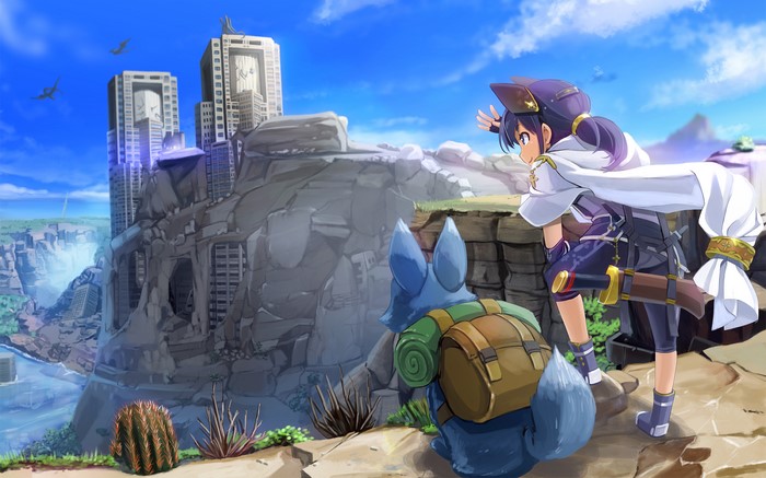 Girl and creature overlooking ruined city with dragons flying