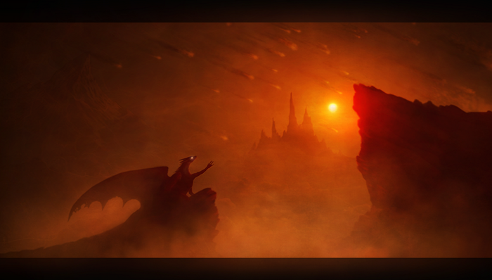 Dragon in a fiery landscape with meteor shower