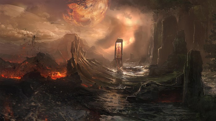 Fantasy landscape with a glowing portal and lava