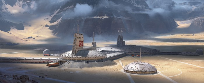 Sci-fi Colony in a Mountainous Desert Landscape
