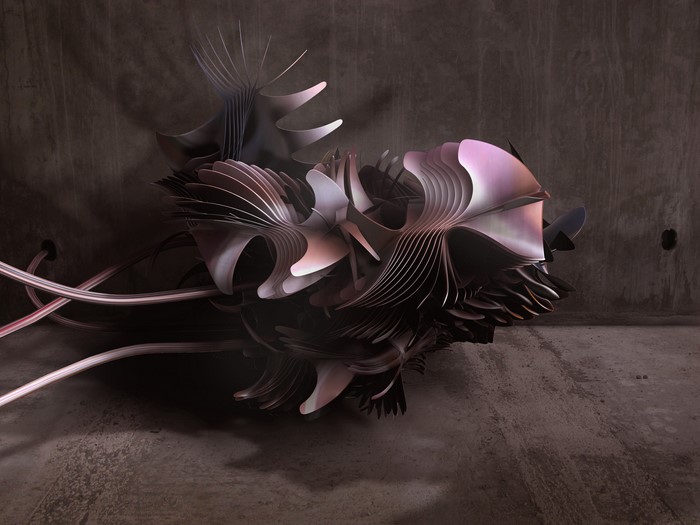 Abstract metallic sculpture with tubes on concrete background