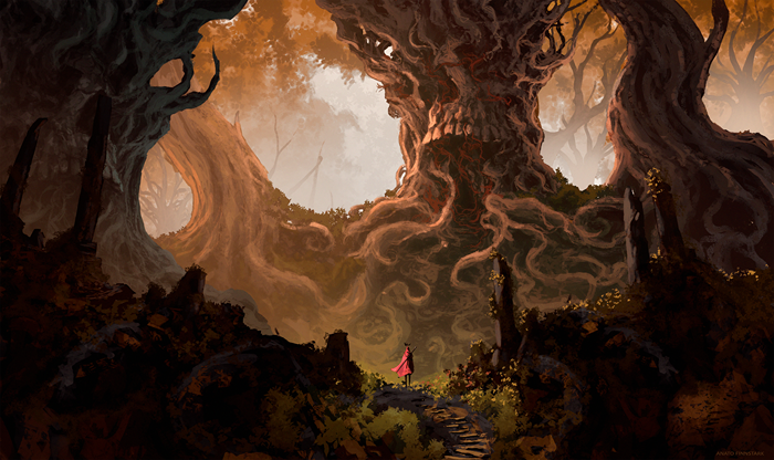 A lone warrior in a red cloak in a mystical forest