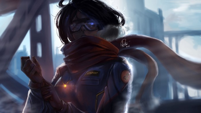Woman with Goggles and Scarf in Ruined City