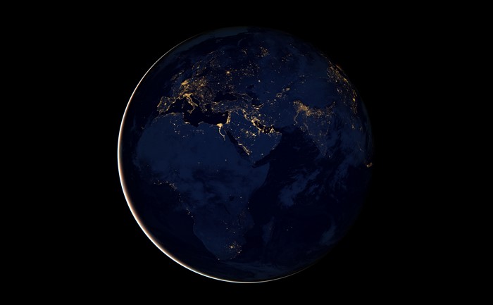 Earth at night showing Europe, Africa, and the Middle East