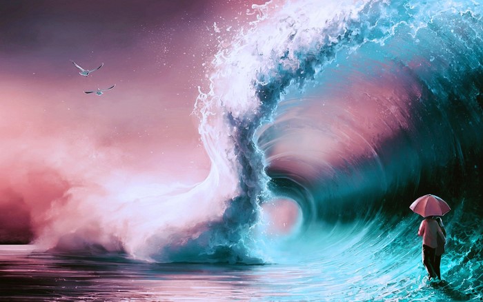 Surreal Ocean Wave with Couple and Umbrella