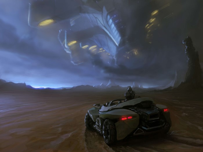 Sci-fi vehicle on alien planet with spacecraft overhead