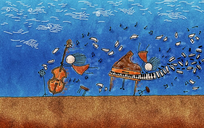 Cartoon musicians playing instruments in a surreal environment