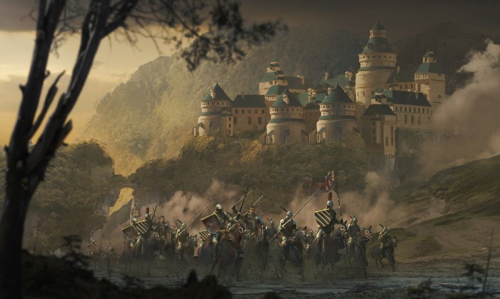 Knights on horseback approaching a castle on a hill
