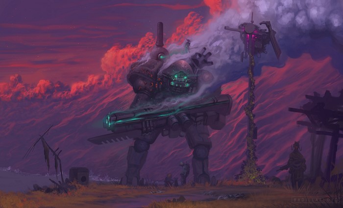 Giant robot with weapon and soldiers at sunset