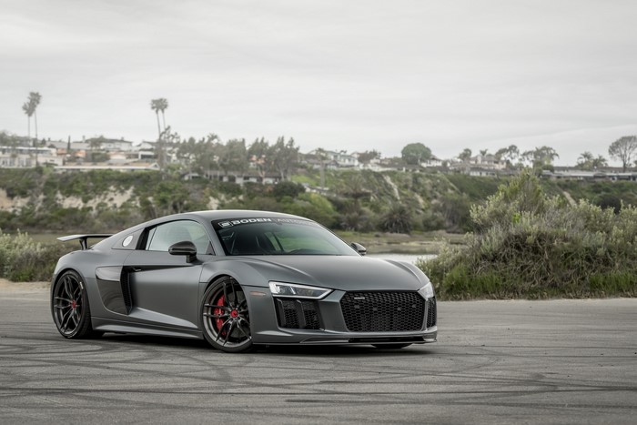 Matte gray Audi R8 with custom wheels