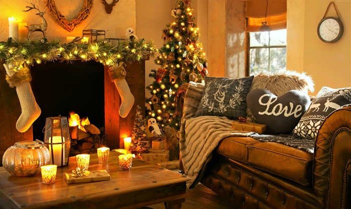 Cozy Christmas Living Room with Fireplace and Tree