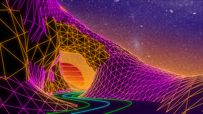 Retro Wave Neon Landscape with Sun and Stars