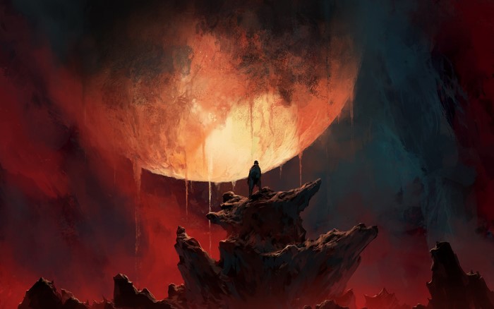 Man standing on a rock formation under a large, fiery moon
