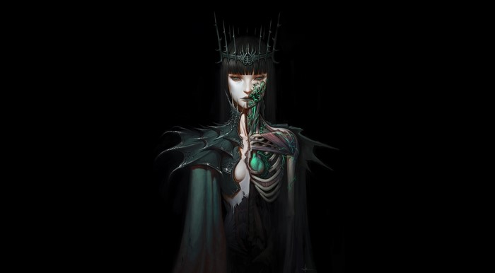 Dark fantasy woman with exposed ribcage and green heart